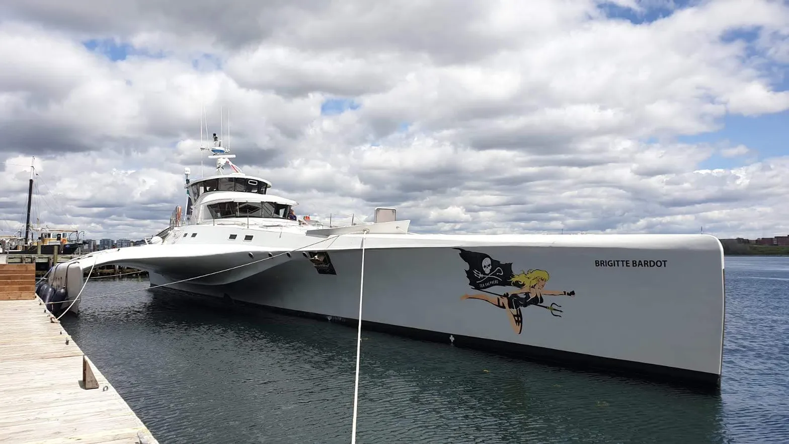 The motor vessel Brigitte Bardot moored beside a dock.